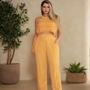 Ladies Yellow Printed Halter Neck Top With Pant Co-Ord Set