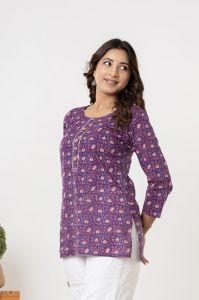 Ladies Purple Printed Full Sleeve Cotton Short Kurti