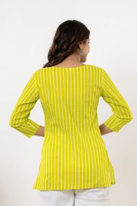 Casual Wear Ladies Green Striped Cotton Short Kurti