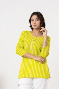 Casual Wear Ladies Green Striped Cotton Short Kurti
