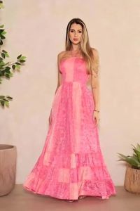 Off Shoulder Pink Cotton Printed Maxi Dress