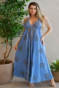 Sea Blue Printed Cotton V Neck Maxi Dress
