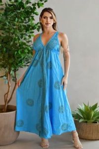 Sky Blue Printed Cotton Halter Neck Maxi Dress