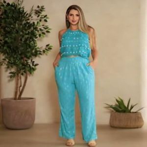 Ladies Sky Blue Halter Neck Top With Pant Co-Ord Set