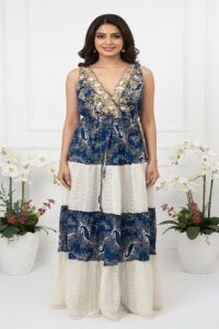 White and Blue Paisley Lace Boho Luxe Gown Long Dress