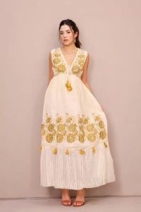 White and Green Floral Printed V Neck Cotton A-Line Maxi Dress