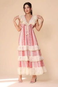 White and Pink Printed V Neck Cotton Frill A-Line Maxi Dress