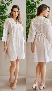 White Floral Embroidered V Neck Chikankari Cotton Straight Kurti