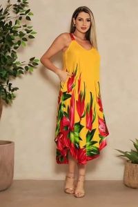 Yellow Flower Printed Satin V Neck Maxi Dress