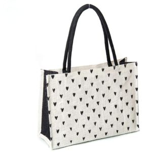 Black and White Jute Printed Shopping Bag