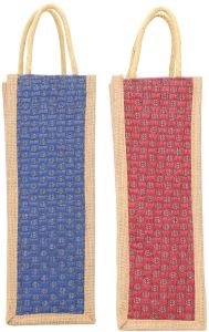 Rope Handle Printed Jute Water Bottle Bag