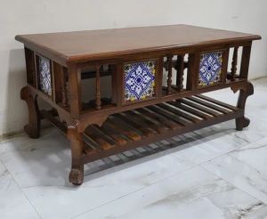 Tile Inlay Slatted Shelf Coffee Table