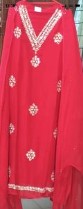 Ladies Red Casual Organza Anarkali Suit