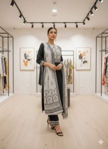 Cotton Black & White Straight Kurta Set