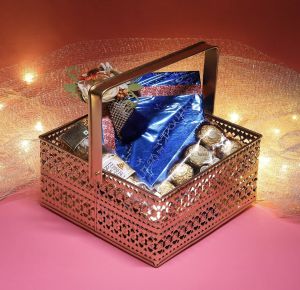 Decorative Golden Gift Hamper Basket with Handle