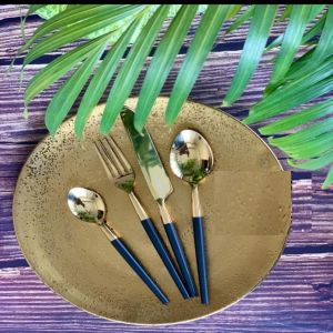 Golden And Blue Handle Cutlery Set With Round Plate