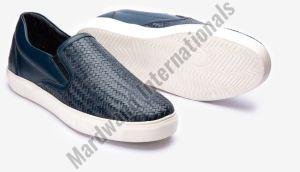 Blue Handcrafted Mens Leather Sneakers