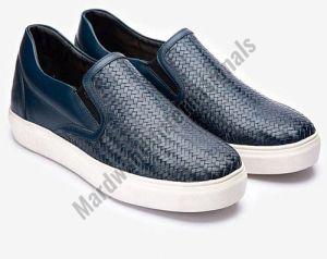 Blue Handcrafted Mens Leather Sneakers