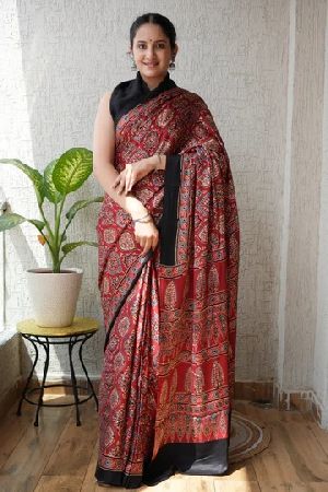 Natural Dye Ajrakh Hand Block Printed Silk Saree