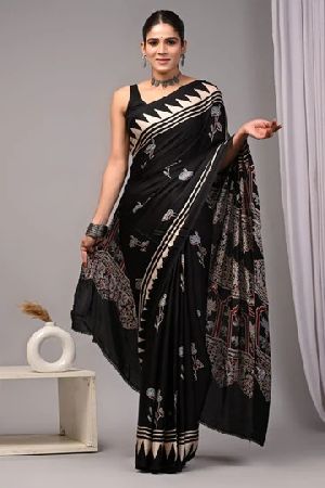 Natural Dye Ajrakh Hand Block Printed Silk Saree