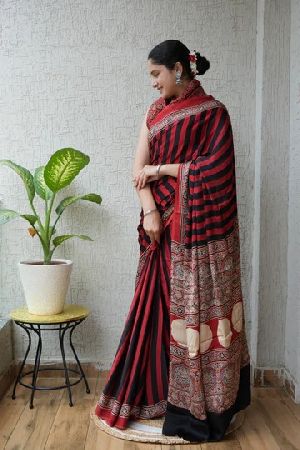 Natural Dye Ajrakh Hand Block Printed Silk Saree