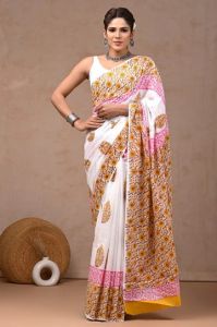 Bagru Hand Block Print Cotton Mulmul Saree