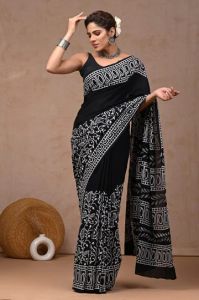 Bagru Hand Block Print Cotton Mulmul Saree