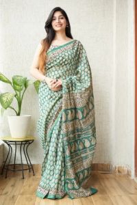 Natural Dye Ajrakh Hand Block Printed Silk Saree
