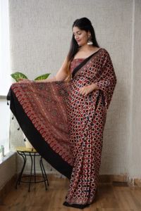 Natural Dye Ajrakh Hand Block Printed Silk Saree