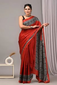 Natural Dye Ajrakh Vanspati Printed Silk Saree