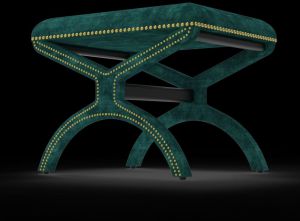 Green Velvet Covered Wood Designer Bench with Cushion