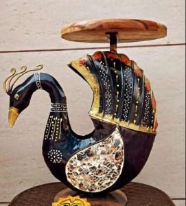 Wooden Multicolor Peacock Side Table