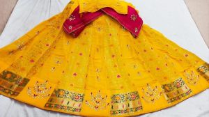 Embroidery Yellow Uppada Silk Semi Stitched Lehenga Choli