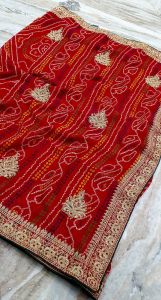 Red Heavy Embroidery Jaipuri Saree