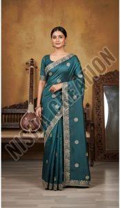 Dark Slate Grey Embroidery Silk Saree
