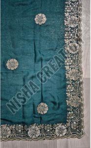 Dark Slate Grey Embroidery Silk Saree
