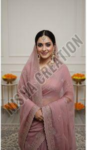 Light Pink Embroidery Silk Saree