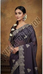 Black Coral Embroidery Silk Saree