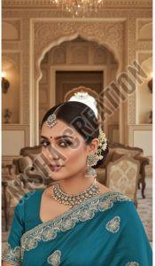 Teal Green Embroidery Silk Saree