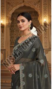 Black Olive Embroidery Silk Saree