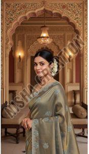Black Olive Embroidery Silk Saree