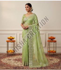 Light Green Embroidery Silk Saree