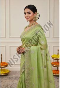 Light Green Embroidery Silk Saree