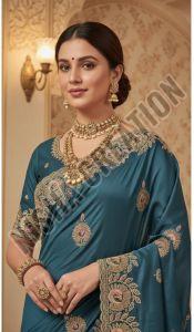 Rama Blue Embroidery Silk Saree