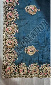 Rama Blue Embroidery Silk Saree