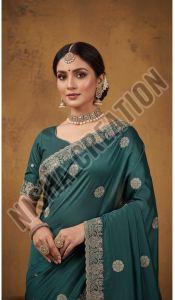 Dark Slate Grey Embroidery Silk Saree