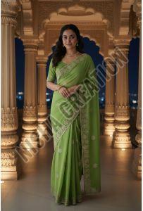 Light Green Embroidery Silk Saree