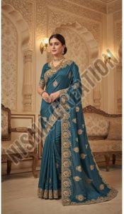 Rama Blue Embroidery Silk Saree