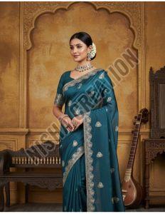 Teal Green Embroidery Silk Saree