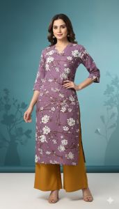 Ladies Purple Printed Rayon Long Kurti
